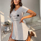 Summer Sleepwear Women Lace Hem Nightdress V-neck Short Sleeve Pajamas Nighties Nightgown Nightwear Side Split Skirt