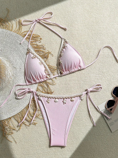 Shell Decoration Ribbed Bikini Women Swimwear Swimsuit Two-pieces Bikini Set Halter Strappy Bather Bathing Suit The Clothing Company Sydney