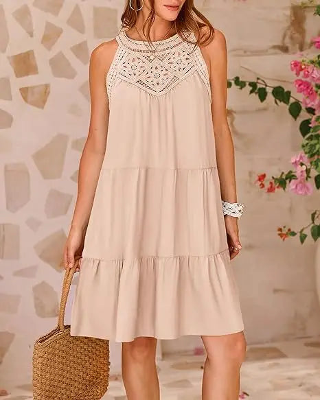 Hollow Lace Patchwork Halter Neck Women A Line Dress Summer Casual Solid Color Loose Beach Holiday Sundress