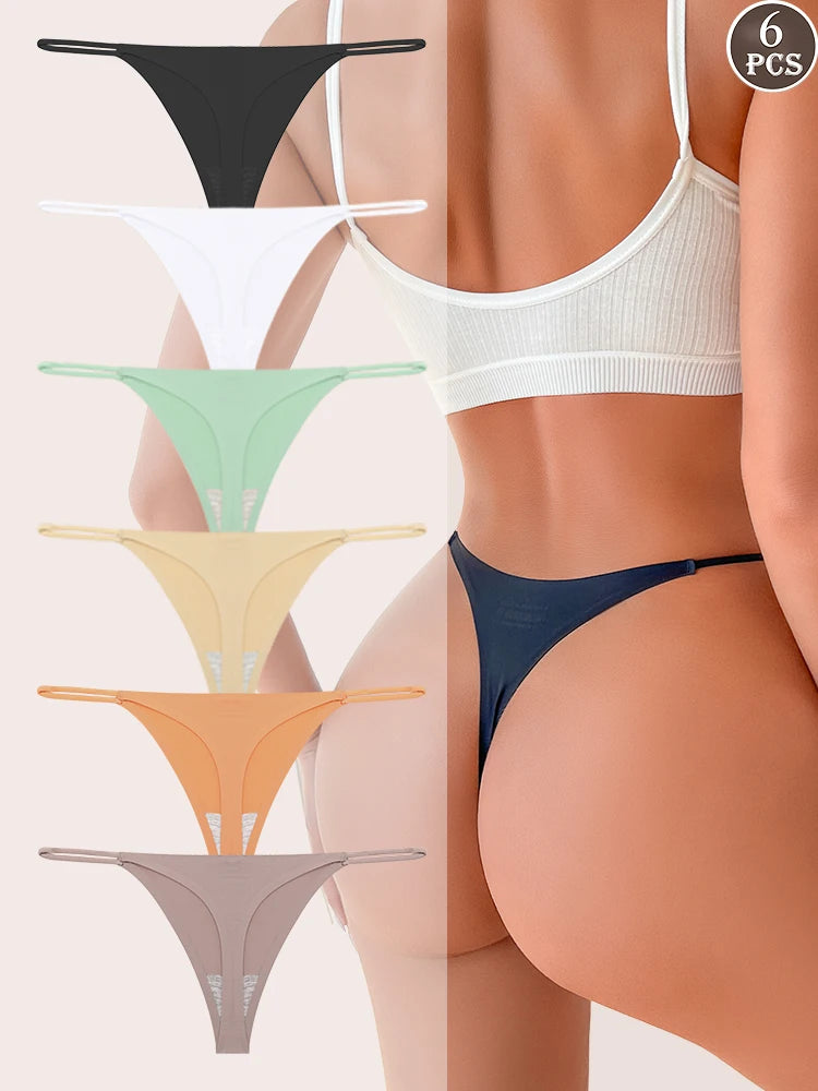 6 pack seamless thong panties, thin strap low waist high-stretch ladies T-back briefs in assorted colors