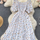 Women's Fashion Romantic Floral Print Split Long Summer Dress Puff Sleeve Party Dress