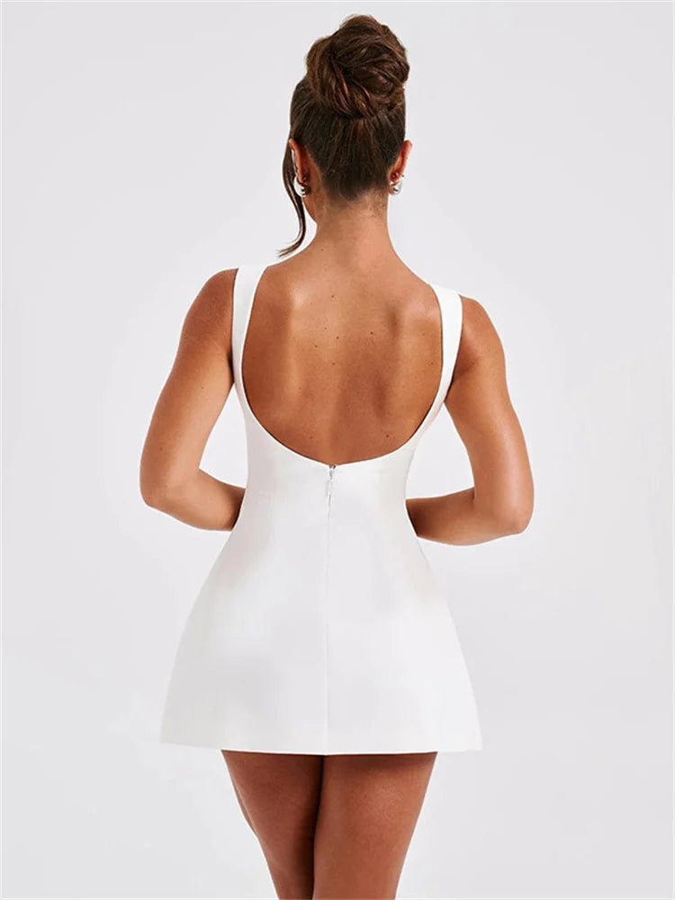 White Backless Patchwork Fashion Summer Elegant Party Mini Dress