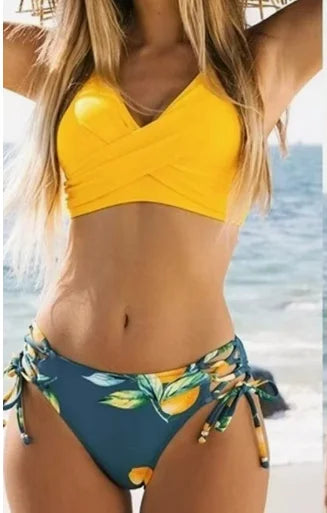 2 Piece Swimwear Cross Pleated Backless Lace Up Bikini Two Piece Bathing Suit Vintage Printing Bikini Set The Clothing Company Sydney