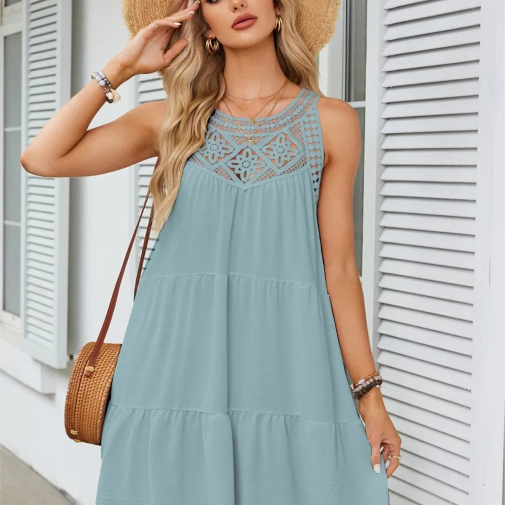 Hollow Lace Patchwork Halter Neck Women A Line Dress Summer Casual Solid Color Loose Beach Holiday Sundress The Clothing Company Sydney