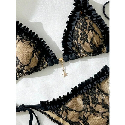 2-piece lace Brazilian bikini swimsuit set with textured fabric and adjustable straps unerquicklich