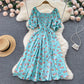 Women's Fashion Romantic Floral Print Split Long Summer Dress Puff Sleeve Party Dress