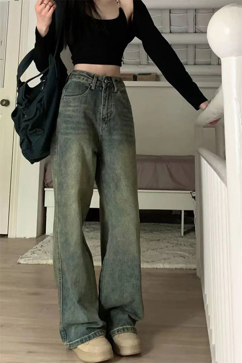 Vintage Baggy Straight Denim Trousers Y2K High Waist Loose Wide Leg Jeans Women Streetwear All-Match Casual Pants