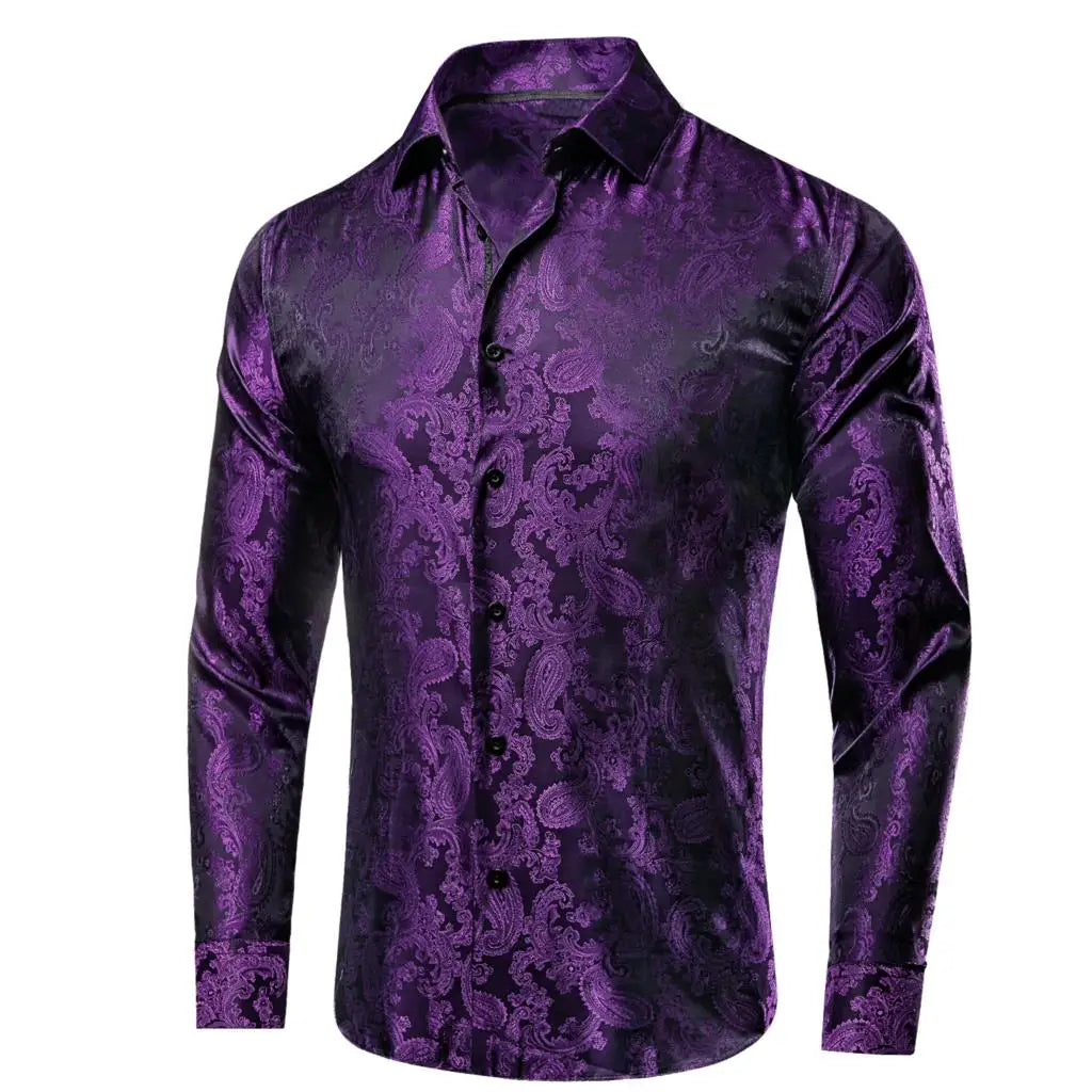 Lilac Mauve Lavender Purple Silk Mens Shirts Luxury Lapel Long Sleeve Dress Shirt