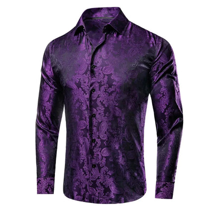 Lilac Mauve Lavender Purple Silk Mens Shirts Luxury Lapel Long Sleeve Dress Shirt