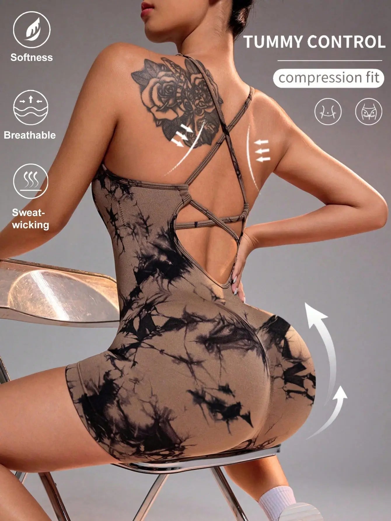 Women's Jumpsuit Short Bodycon High Elasticity Nylon Bodysuit Yoga Sports Workout Gym One Piece Criss Cross Activewear