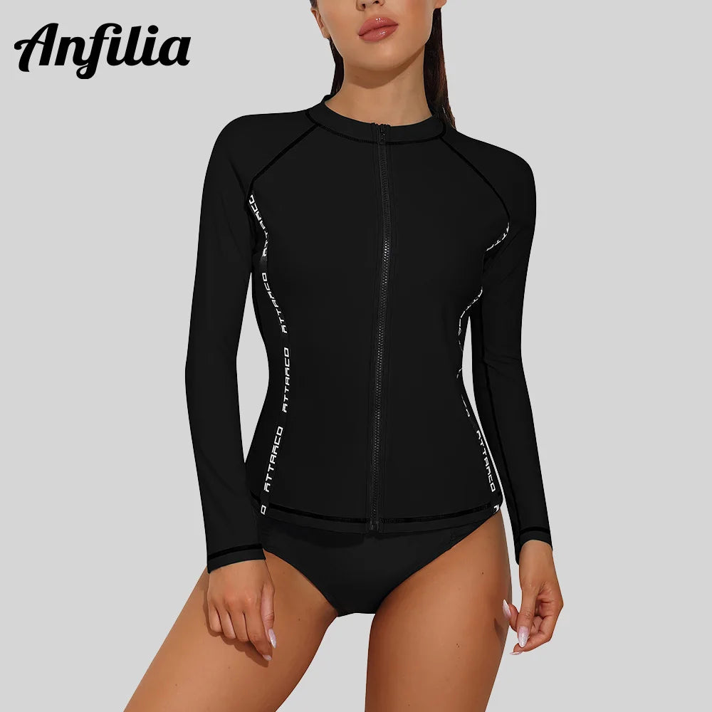 Rash Guard for Women Long Sleeve Zipper Front Swim Shirt UPF 50 Swimming Shirt SwimwearTop