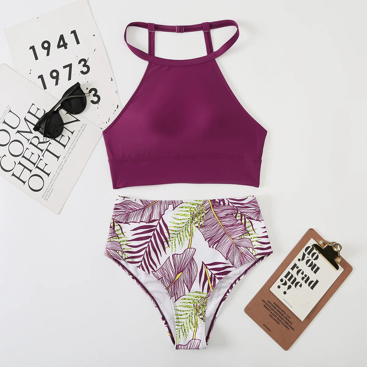 Light Purple High Waist Bikini High Neck Swimsuit Female Two Piece Swimwear Women Print Beach Wear Bathing Suit