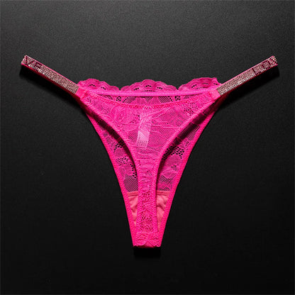 Crystal Embellished Perspective Lace Thong Breathable Underwear Women Transparent T-back Plus Size G String