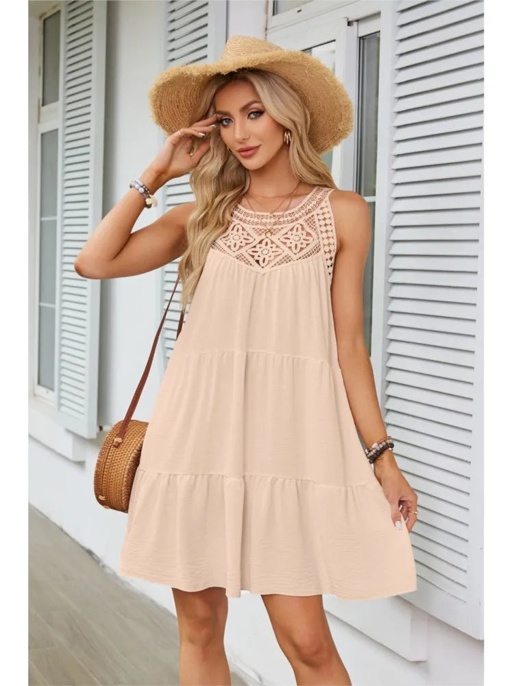 Hollow Lace Patchwork Halter Neck Women A Line Dress Summer Casual Solid Color Loose Beach Holiday Sundress The Clothing Company Sydney