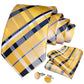 Yellow Striped Plaid Silk Ties For Men Handkerchief Cufflinks Brooch Pin Wedding Accessories Gift Set