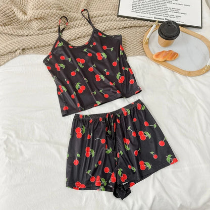 Womens Pajama Ladies Satin Pyjama Print Round Neck Ice Silk Top T-Shirt and Shorts Sets