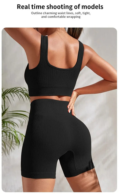 Seamless Ribbed Yoga Sets Workout Sets for Women 2 Pieces Gym Suits Ribbed Crop Tank High Waist Shorts Outfits Fitness Running The Clothing Company Sydney