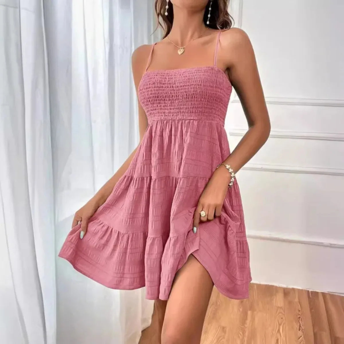 Spaghetti Strap Smocked Bustier Mini Dress Blue Ruffled Tiered Swing Dress Summer Casual Vacation Beach Wear The Clothing Company Sydney