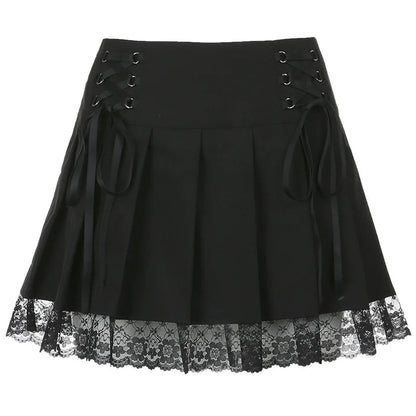 Retro Pleated Skirt Lace Up High Waist Plaid Mesh Stitching Hem Y2K Aesthetic Gothic Black Mini Skirt The Clothing Company Sydney