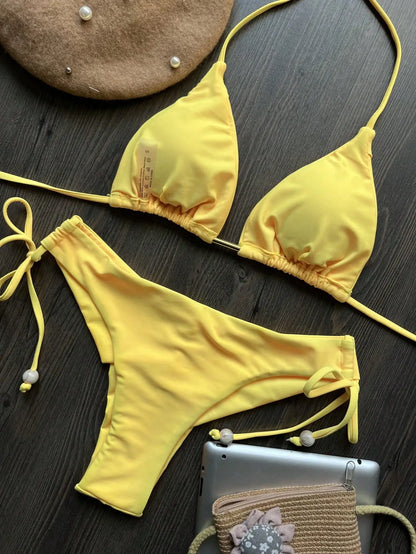 Two-piece micro bikini set by The Clothing Company Sydney featuring triangle swimwear for women, perfect for beach and swimwear fashion.