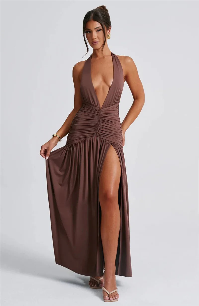 Halter Deep V Neck Backless Maxi Sleeveless Thigh High Split Long Dress The Clothing Company Sydney