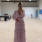 Women V-neck Lantern Long Sleeves Maxi Dress Elegant Patchwork Ruffles Hollow Lace Slim  Summer Dress