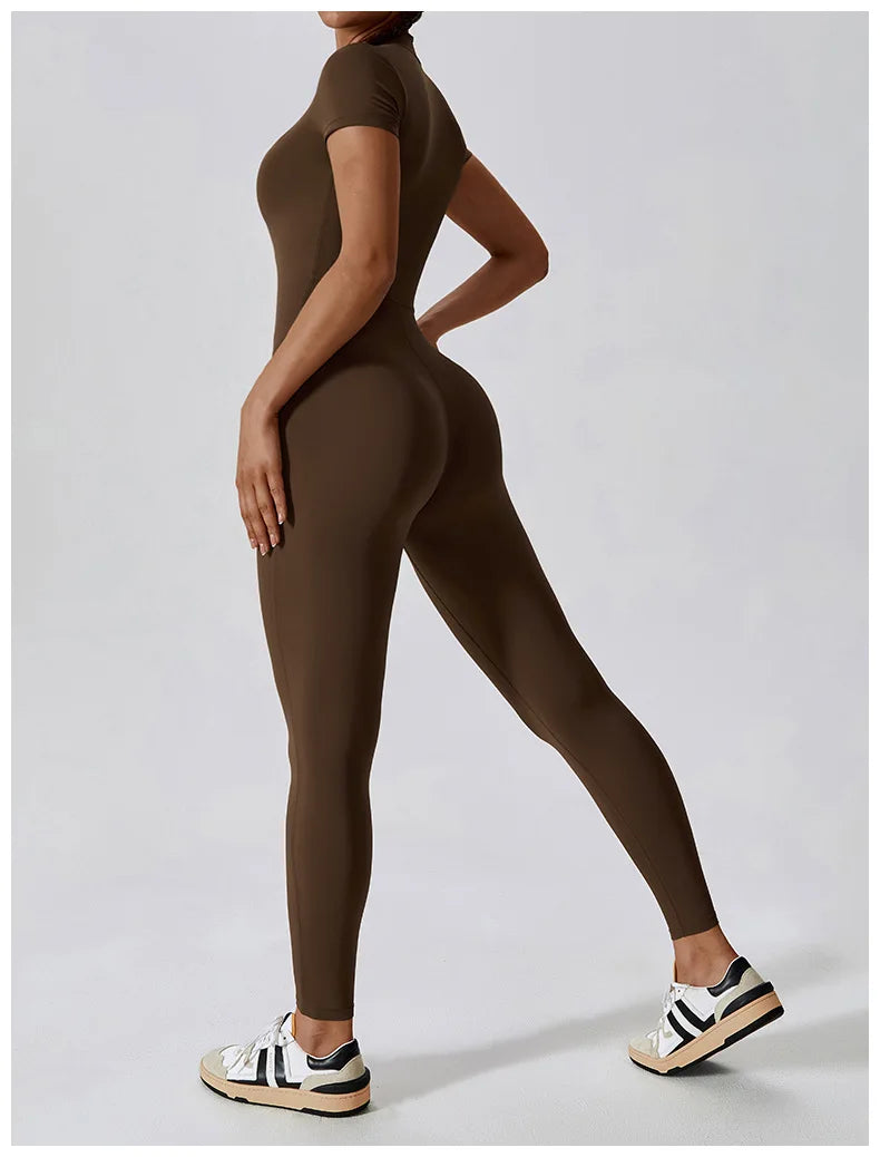 Women Zipper Short Sleeve Active Suit Dance Fitness Sportwear Tight Open Collar Yoga Jumpsuits