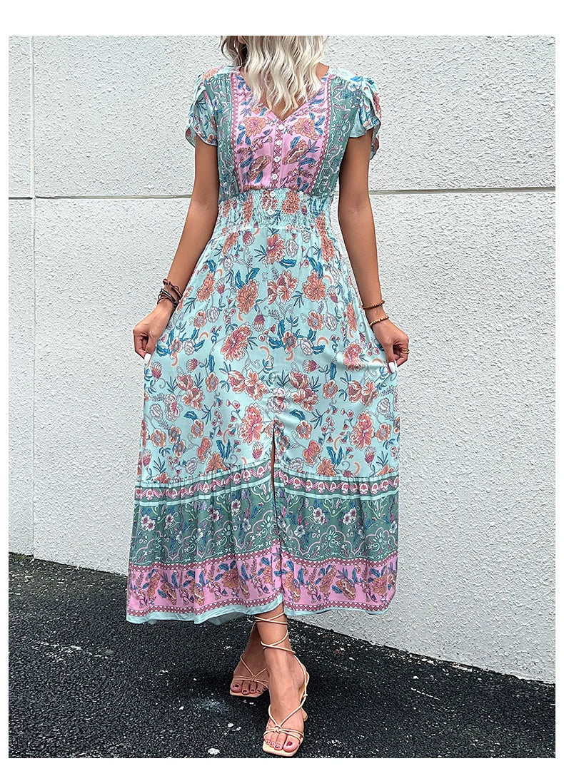 Short Sleeves V Neck Vintage Floral Boho Printed Slit Midi Dresses A Line Bohemian Summer Beach Dress