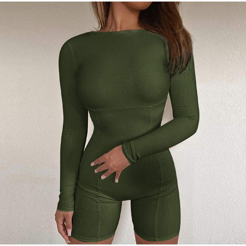 Casual Women's Knitted Bodycon Jumpsuit Fashion Long Sleeve Short Sport One-piece Suit Spring Back Zipper Yoga Playsuit The Clothing Company Sydney