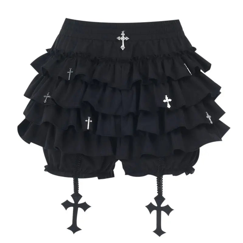 Women's Tiered Ruffles Mini Skirt with Cross Charms Built-in Shorts Skort Gothic Punk Skirt The Clothing Company Sydney