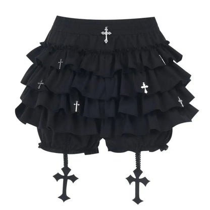 Women's Tiered Ruffles Mini Skirt with Cross Charms Built-in Shorts Skort Gothic Punk Skirt The Clothing Company Sydney