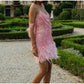 Tassel Sequins Feather Mini Dress Women's Spaghetti Strap Stitching Elegant Evening Party Club Dress