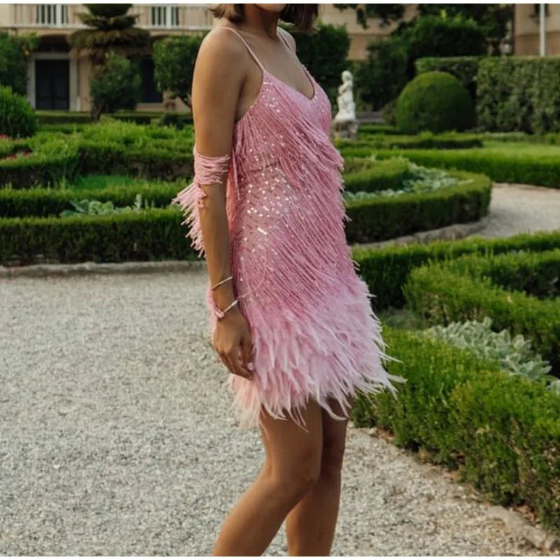 Tassel Sequins Feather Mini Dress Women's Spaghetti Strap Stitching Elegant Evening Party Club Dress