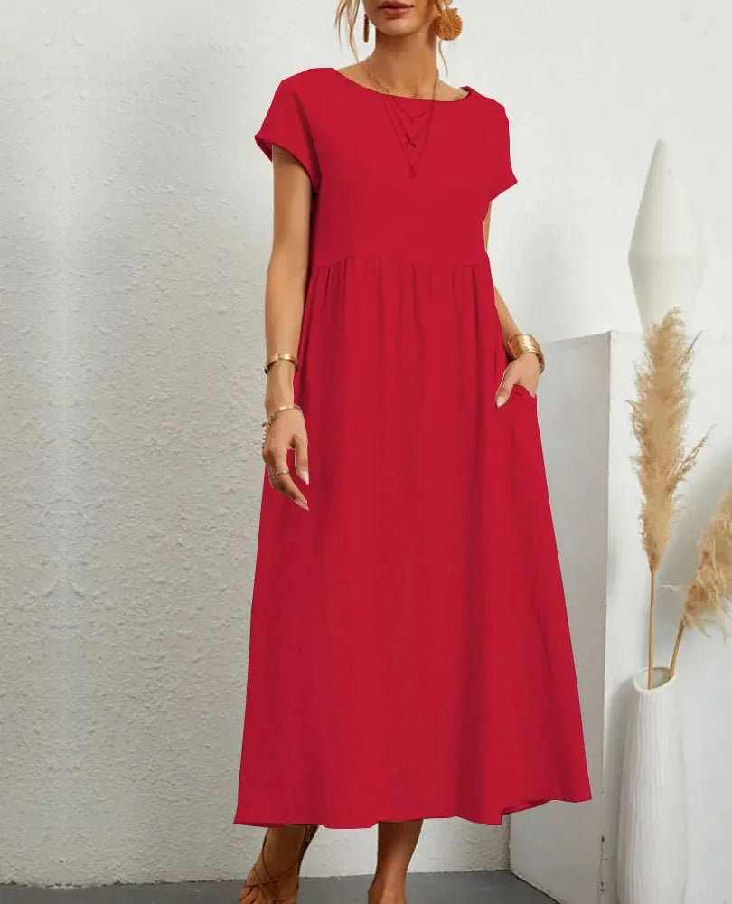 Women's Elegant Dress Summer Short Sleeve O-Neck Vintage Cotton Linen Comfortable Loose Pocket Long Dress
