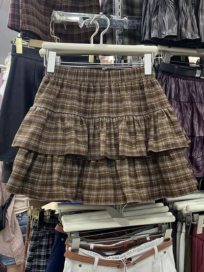 Y2k Cute Ruffled Plaid Skirt Punk Rock Casual Women's Skirts