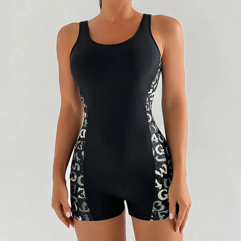 Women's boyleg one-piece swimsuit with printed side panels by The Clothing Company Sydney