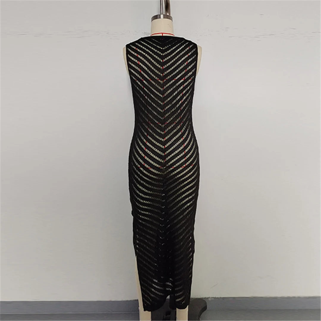 Hollow Out Sleeveless Crochet Knitted Tunic Beach Cover Up Cover-ups Mini Beach Dress Beach Wear Beachwear Female Women V6745 The Clothing Company Sydney