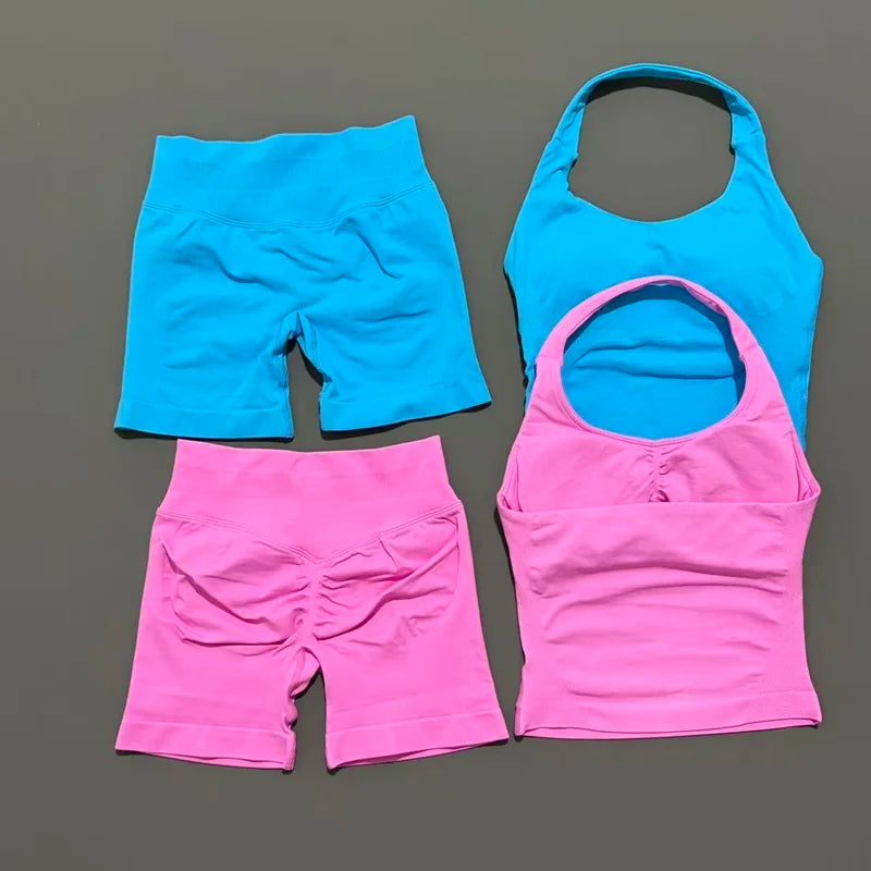2 Piece Sports Halter Top Strappy Bra Shorts Matching Set Seamless Yoga Gym Running Fitness Shorts Suit