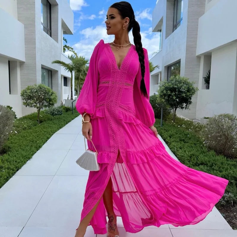 Women V-neck Lantern Long Sleeves Maxi Dress Elegant Patchwork Ruffles Hollow Lace Slim  Summer Dress