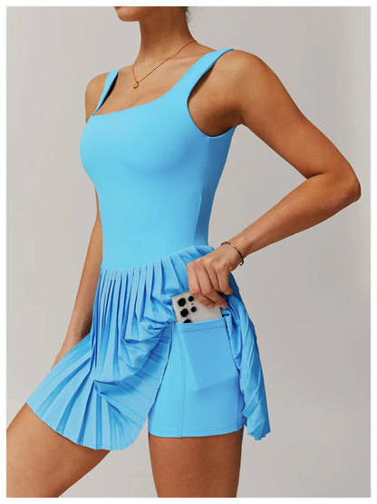 Women's Tennis Dress Jumpsuit Bottom Fitness Clothes Sports Running Pockets Pleated Skirt Sports Yoga Set Dress