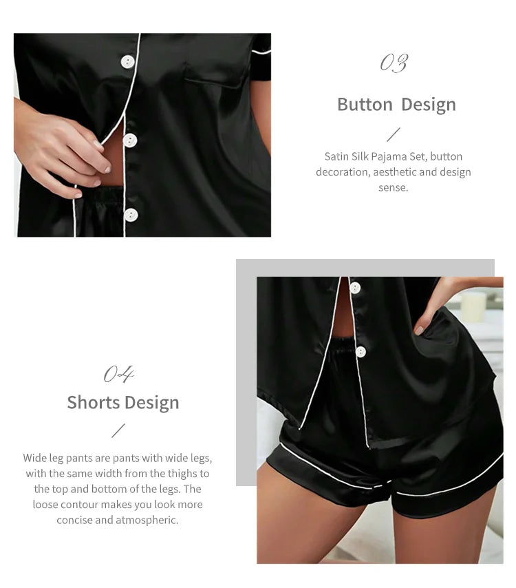 Summer Silk Satin Women Pyjamas Set Button Down Top & Shorts 2 Piece Sleepwear Notched Collar Nightwear Loungewear The Clothing Company Sydney