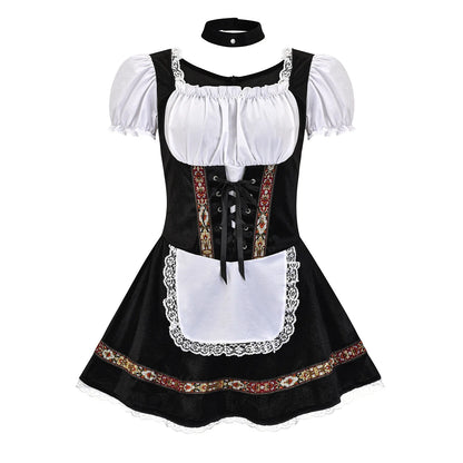 Women's Elegant Ruffled Lace Up Maid Cosplay Costume Oktoberfest Bavarian Dirndl Vintage Festival Dress
