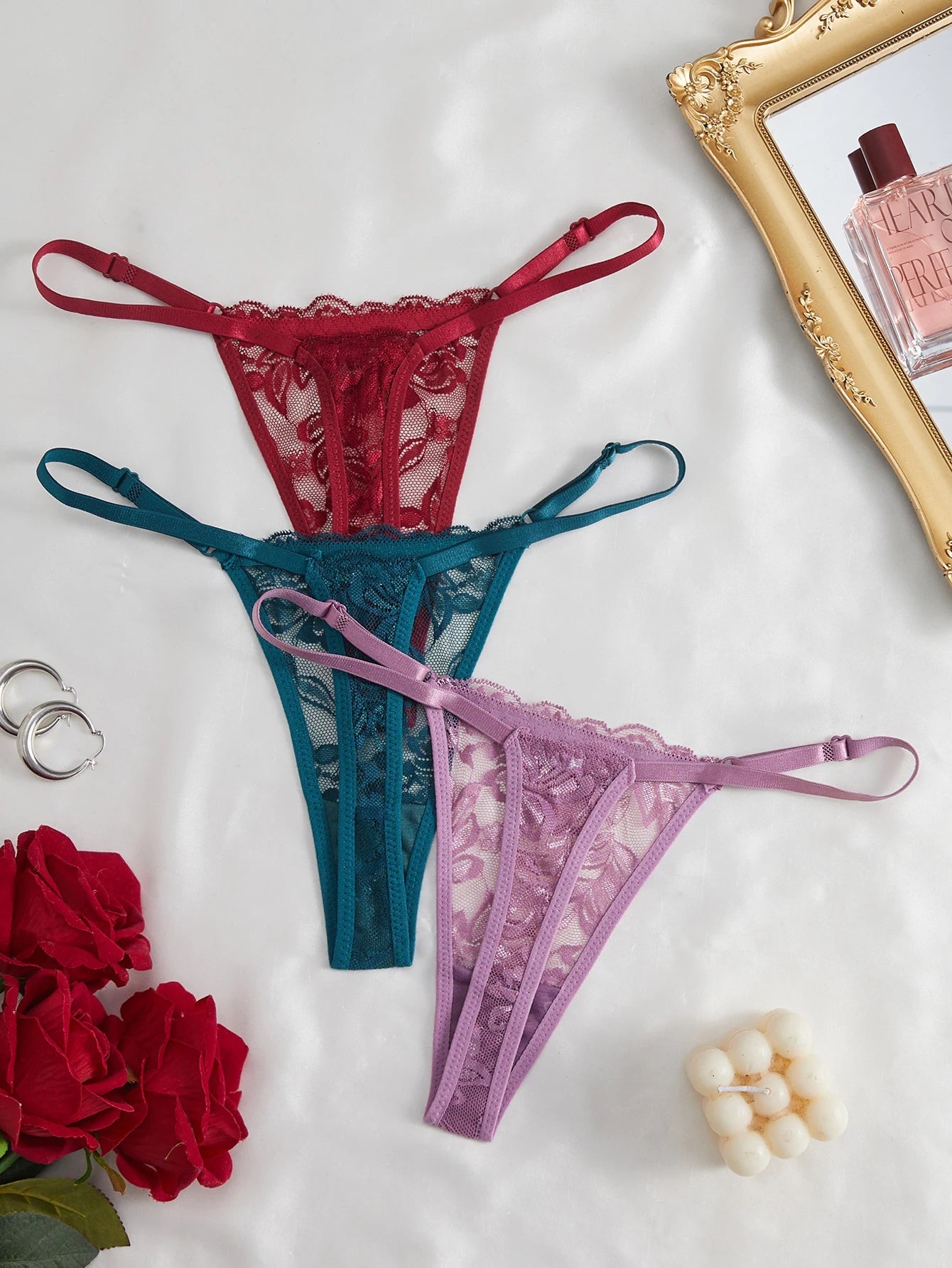 3 Pack Women's Lace Panties Underwear Adjustable Strap Floral Lace Sheer Mesh Thong G String The Clothing Company Sydney