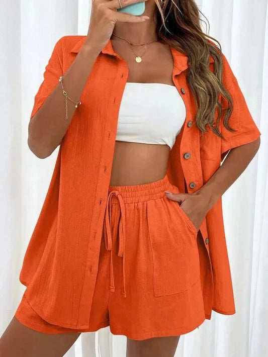 Long Sleeve Single breasted Top Broad legged Shorts Set Fashion Ladies Solid Suits Summer 2 Piece Matching Outfits For Women The Clothing Company Sydney