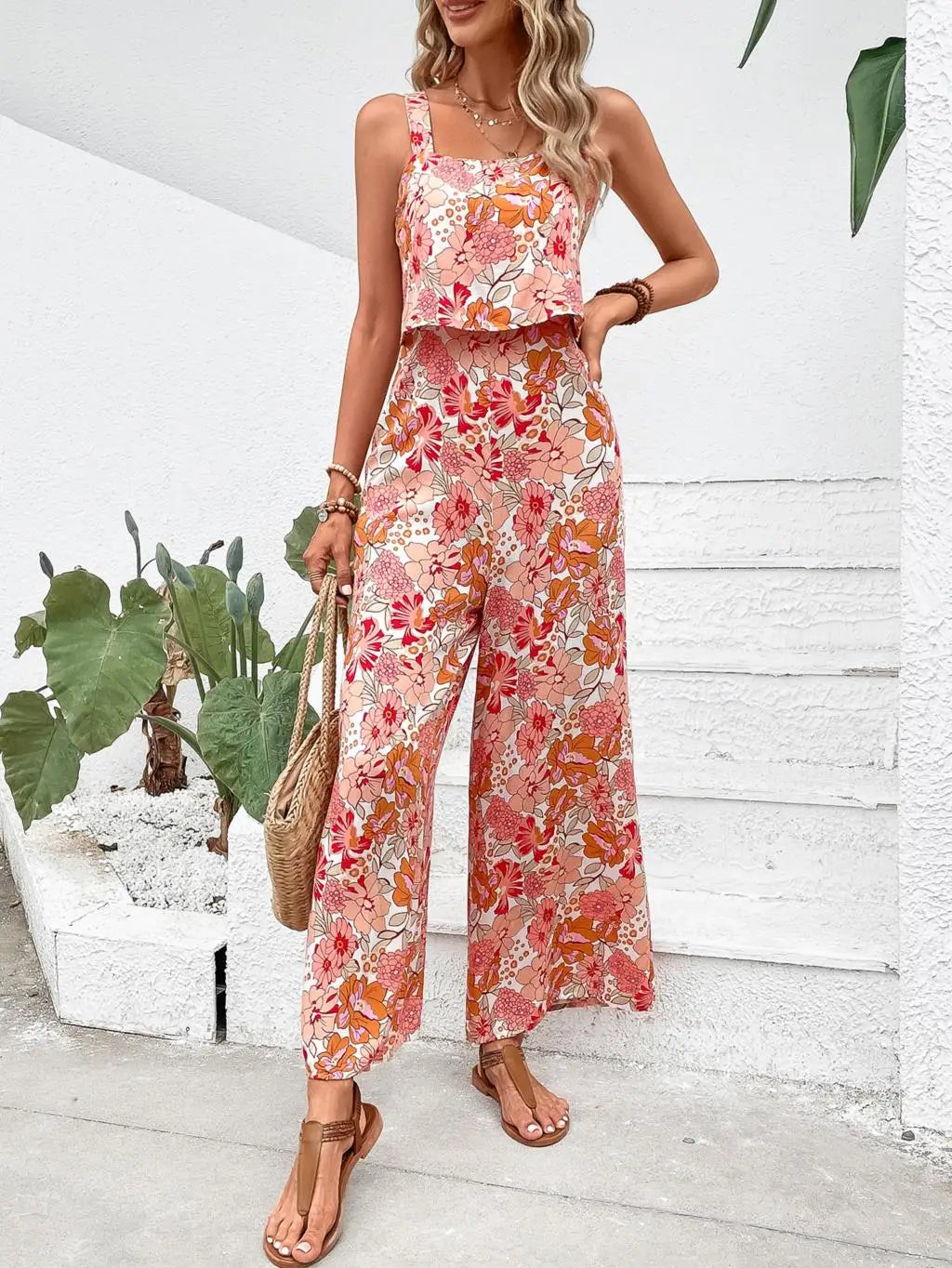 Elegant Long Women's Backless Wide Leg Jumpsuits Casual Sleeveless Floral Rompers Summer Matching Outfit Set