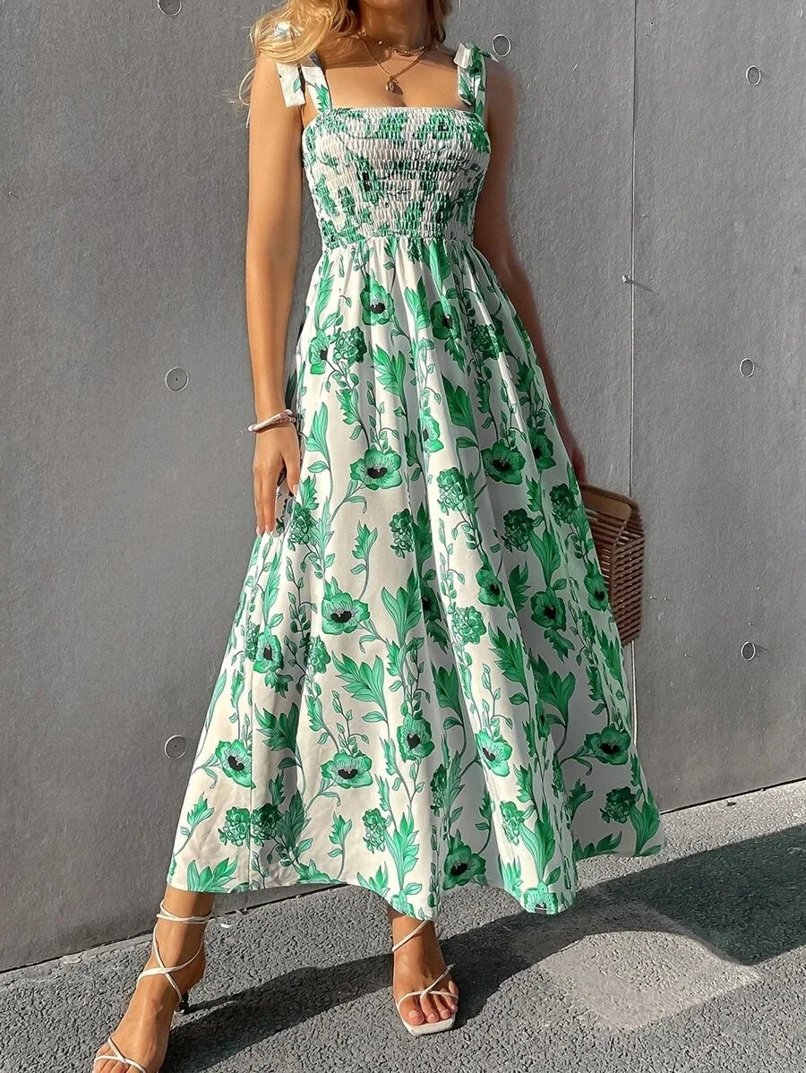 Floral Long Dress Women's Backless Sleeveless Bandage Beach Sundress Casual Green Summer Ladies Dresses