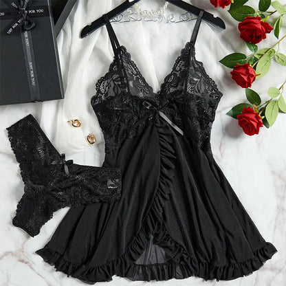 Women's plus size lace lingerie nightgown and thong set with suspender details by The Clothing Company Sydney