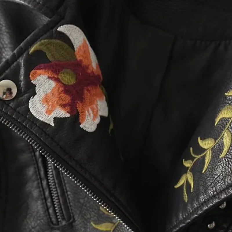 PU Leather Embroidered Rivet Coat Biker Streetwear Zipper Overcoat Women's Jackets Spring Clothes