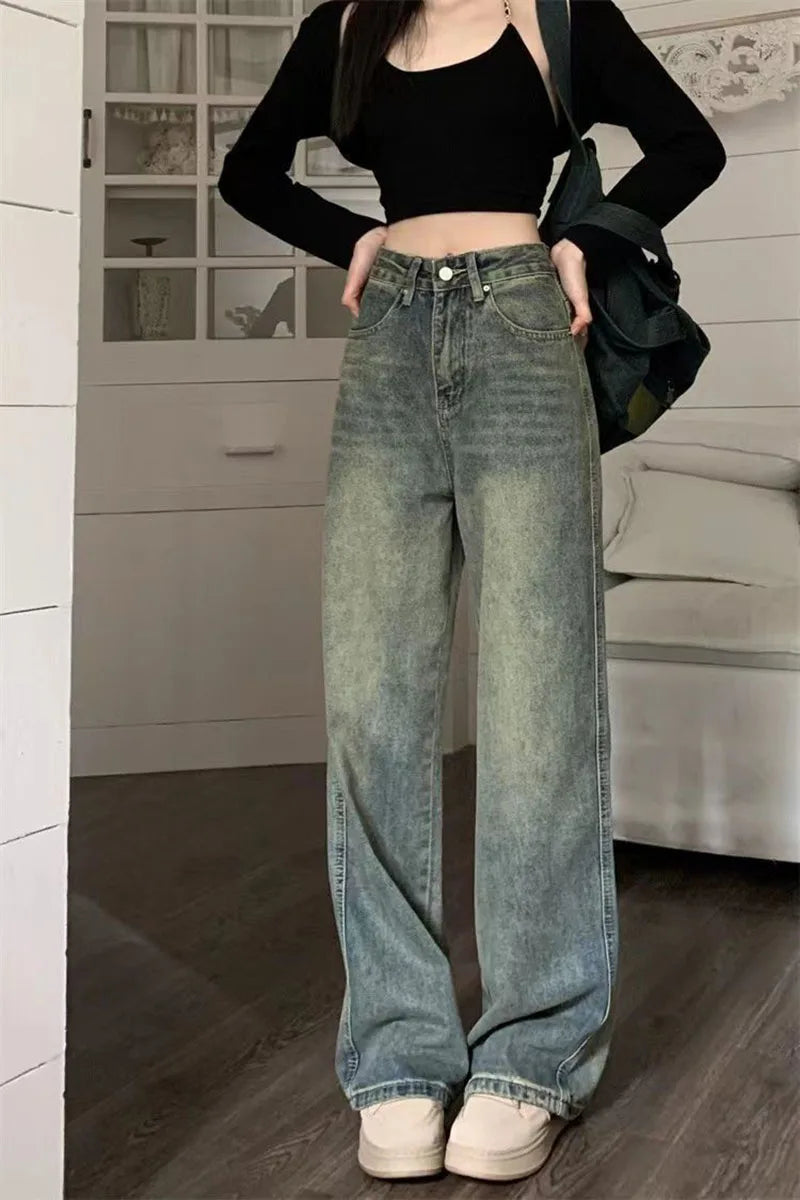 Vintage Baggy Straight Denim Trousers Y2K High Waist Loose Wide Leg Jeans Women Streetwear All-Match Casual Pants