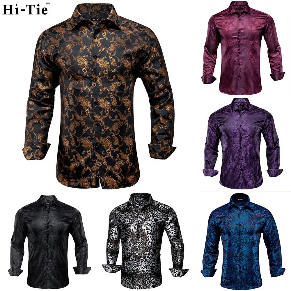 Gold Black Mens Silk Shirt Paisley Floral Long Sleeve Business Party Wedding Dress Shirt The Clothing Company Sydney